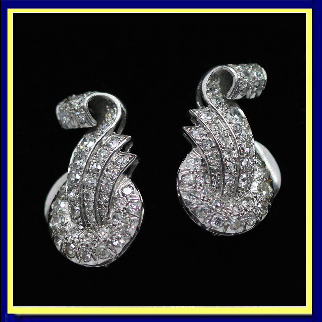 earrings platinum diamonds antique Art Deco Ear clips French