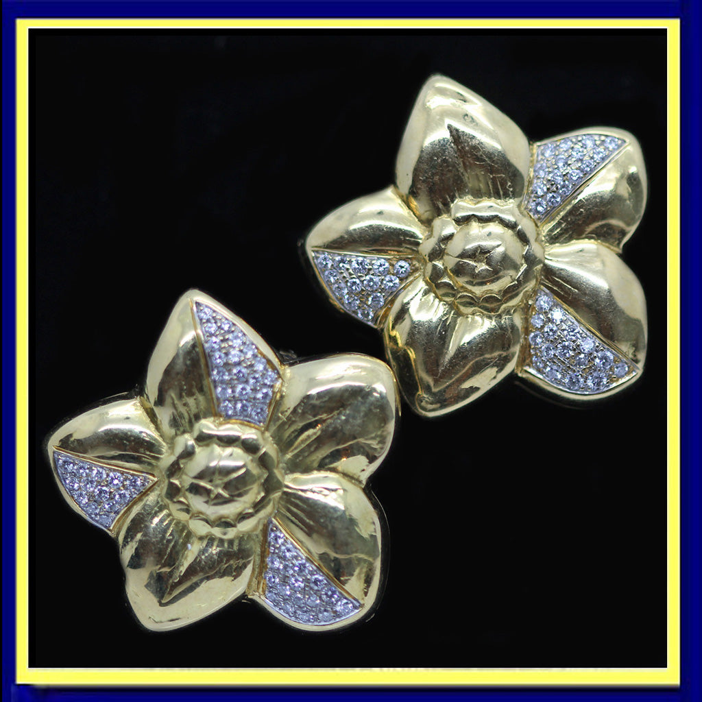 vintage modernist earrings gold diamonds ear clips big