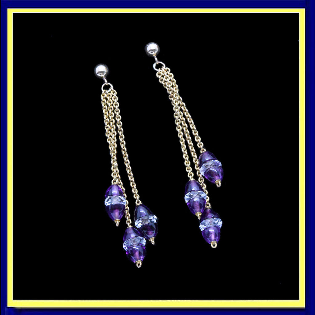 Art Deco earrings gold carved amethyst rock crystal dangles