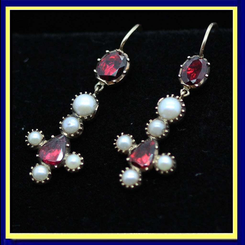 Antique Victorian earrings cross crucifix ear pendants gold garnets pearls