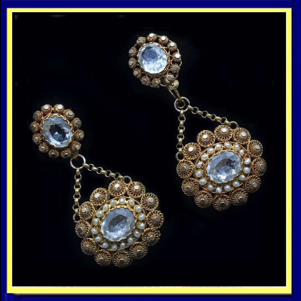 antique Georgian earrings cannetille gold pearls paste day night