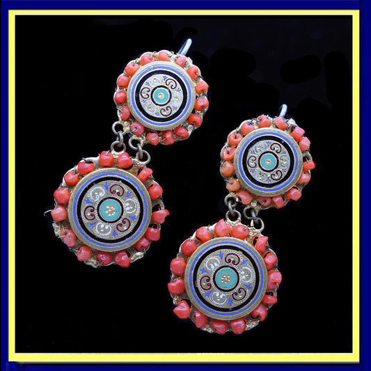 antique Victorian earrings coral enamel gilt metal French Napoleon III