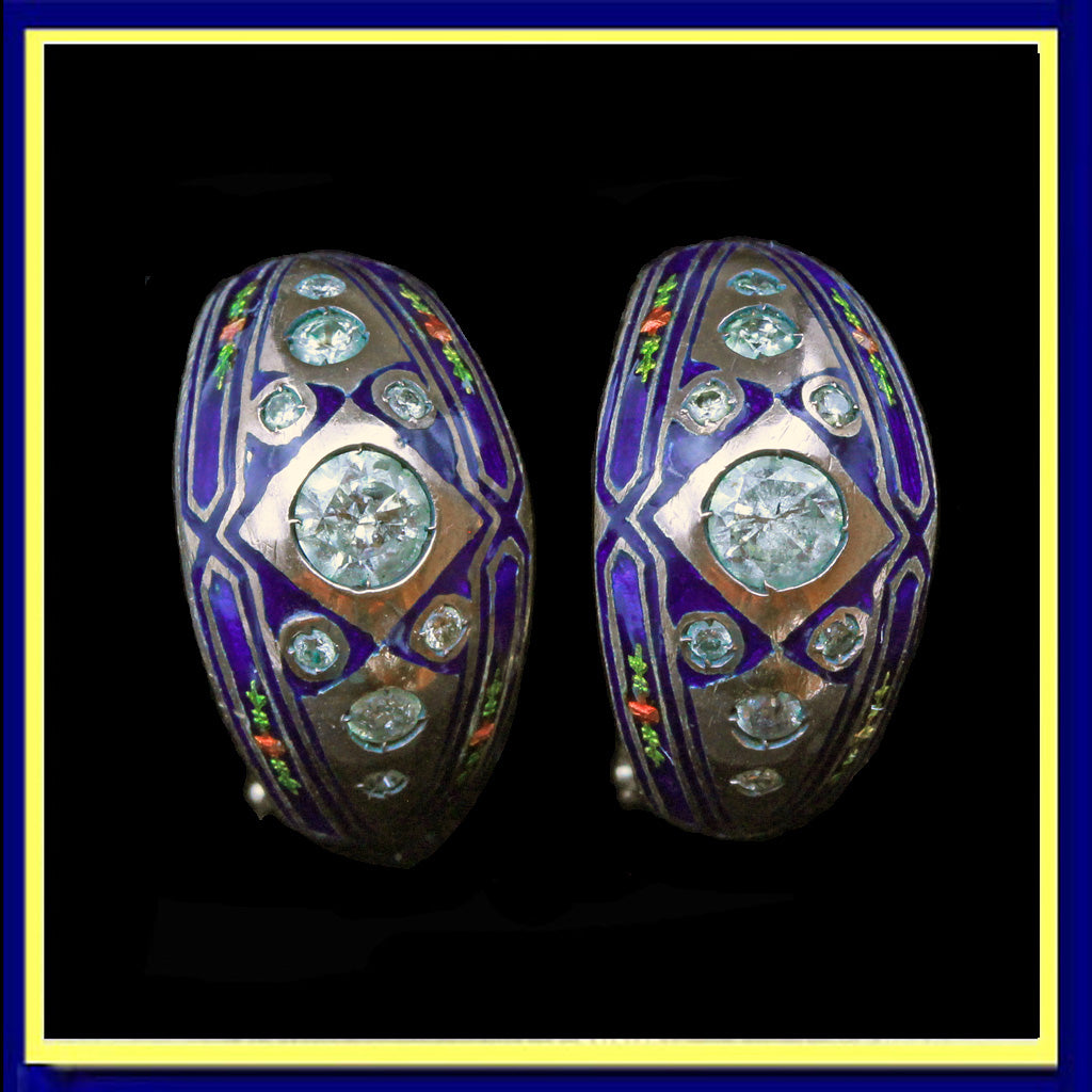 Antique Earrings Diamonds Enamel 14k Gold Victorian Hoop Earrings (6362)