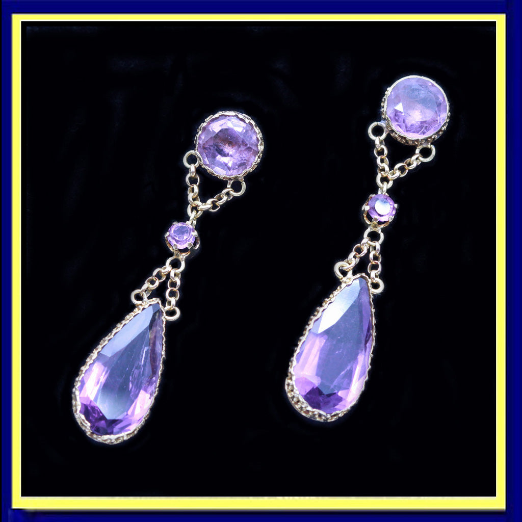antique Victorian earrings gold amethyst long ear pendants French