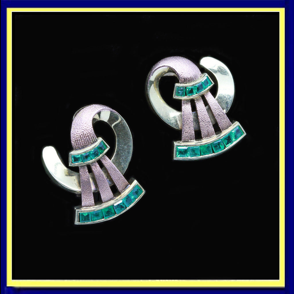 vintage Retro Egyptian Revival earrings Ear clips gold emeralds
