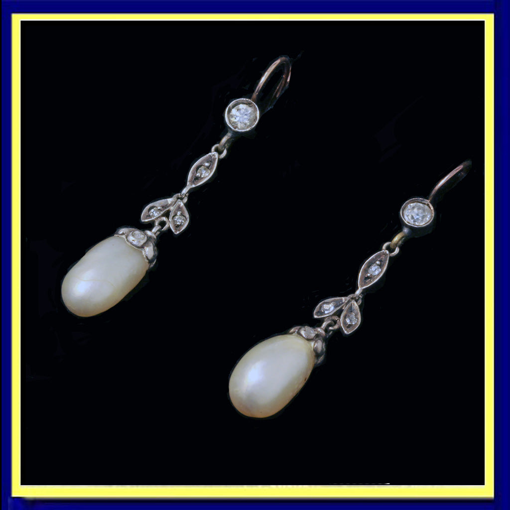 antique natural pearl earrings diamonds silver gold GIA certificate