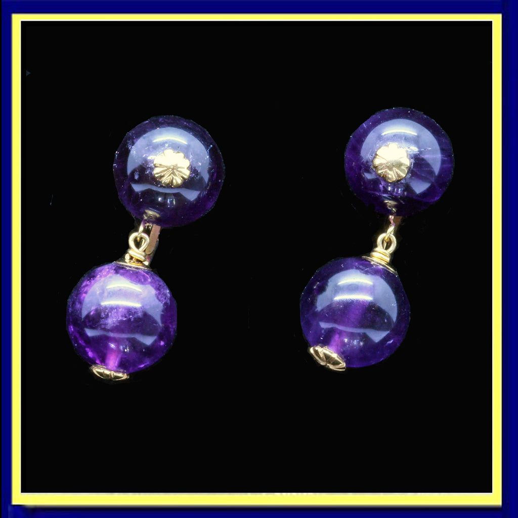 earrings gold amethyst deep purple dangles vintage mid-century