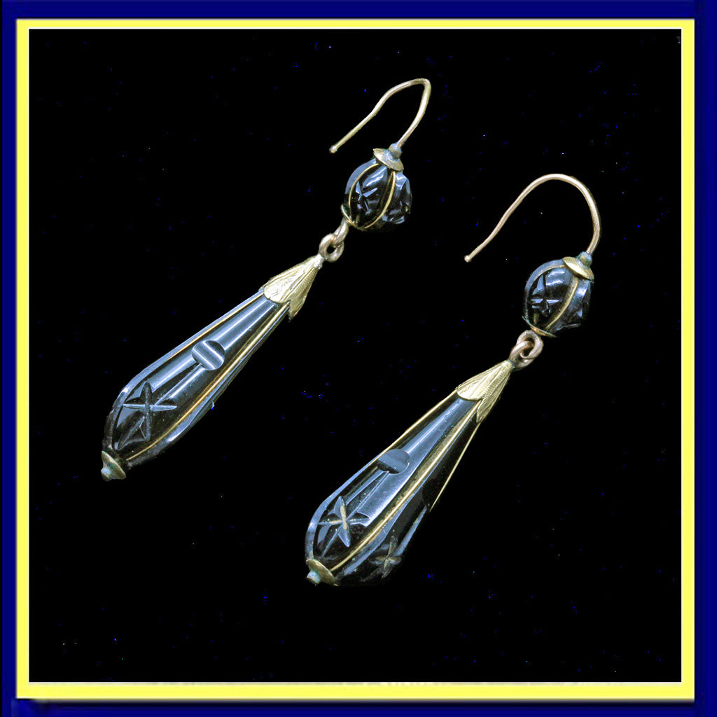antique Victorian earrings ear pendants black onyx gold mourning jewelry