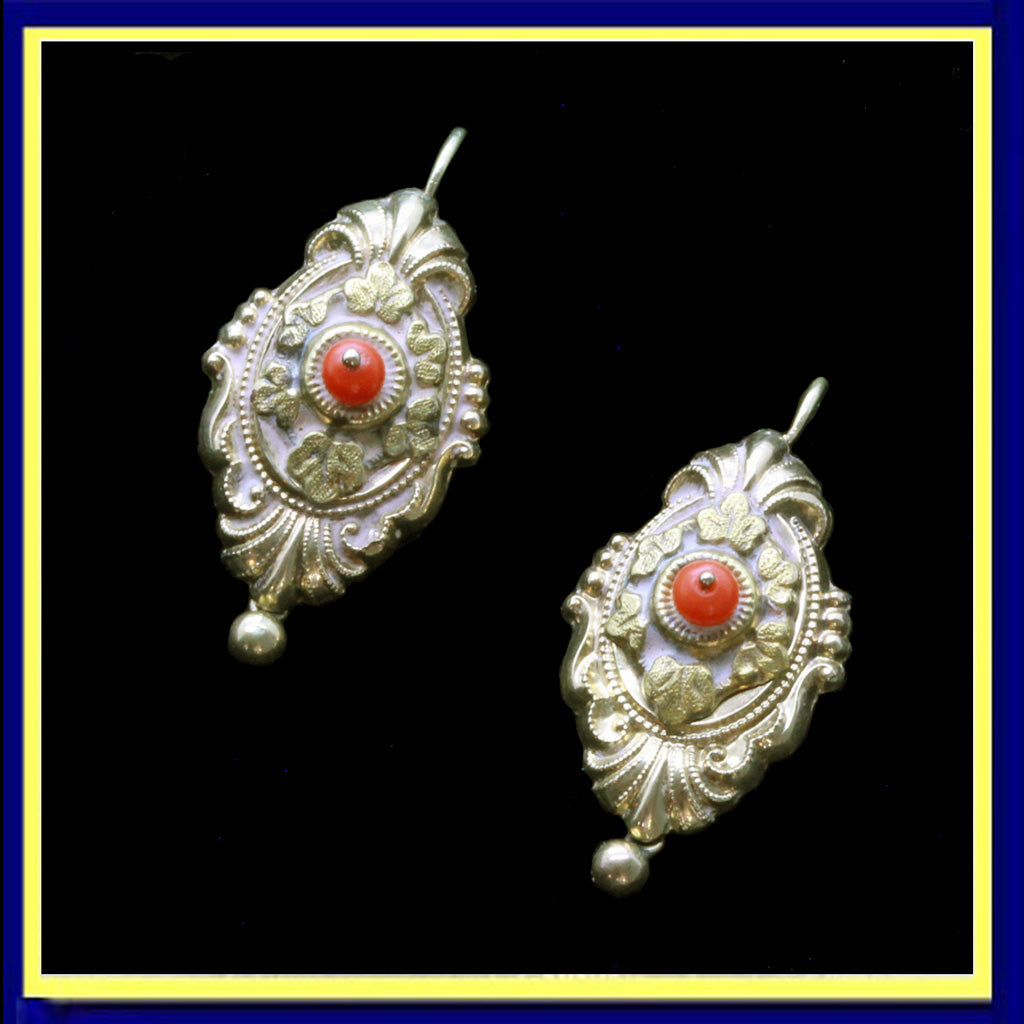 Antique Victorian earrings gold coral repousse foliage scrolls French