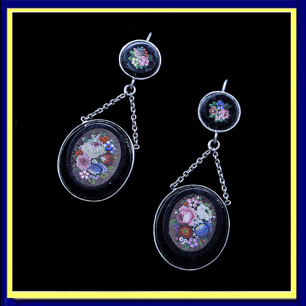 antique Victorian micromosaic earrings ear pendants silver micro mosaics