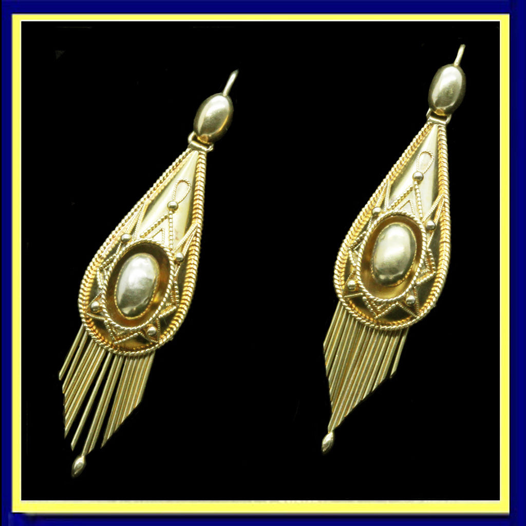 Victorian earrings Etruscan Revival gold granulation filigree fringes
