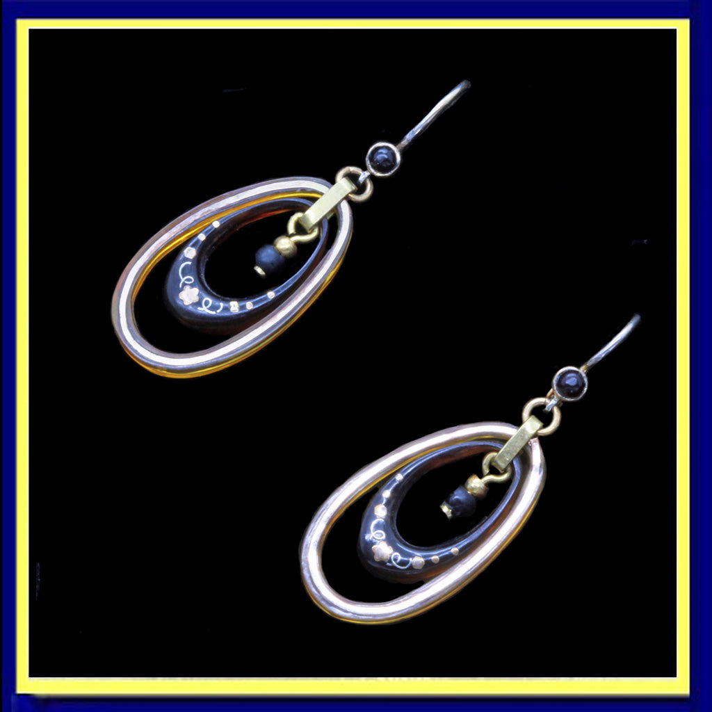 antique Victorian earrings pique gold inlay dangling swinging ear pendants