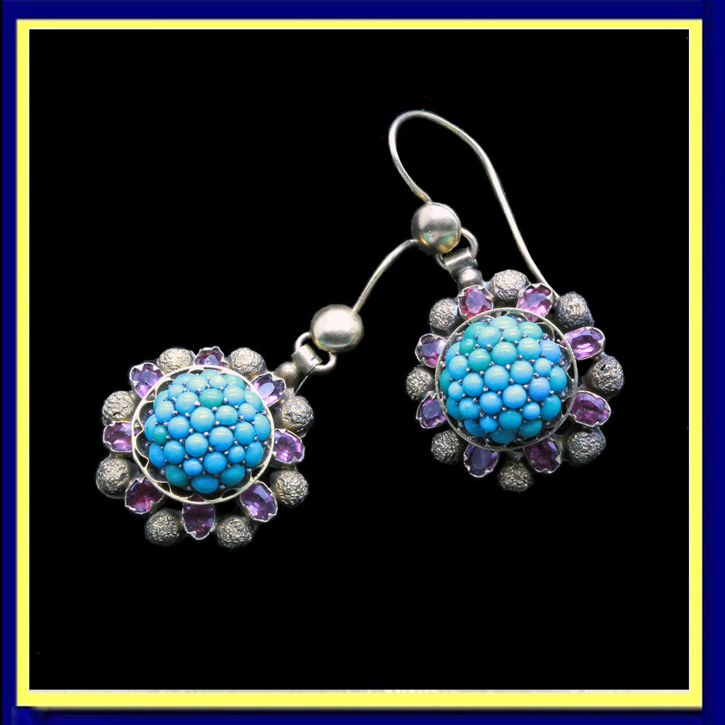 antique Victorian earrings gold turquoise garnets English