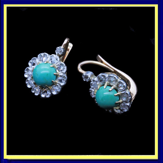 earrings gold turquoise diamonds silver French antique Victorian