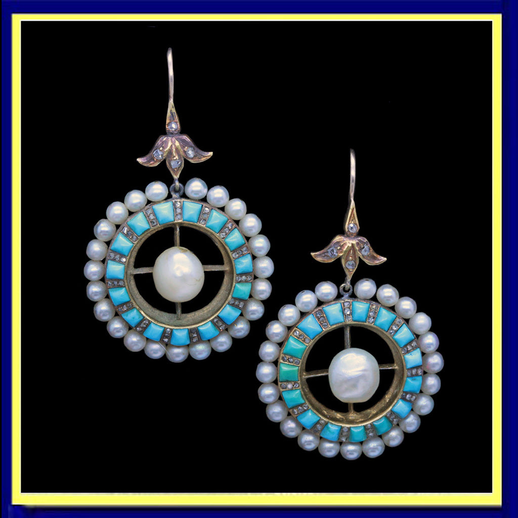 antique Victorian earrings gold turquoise pearls diamonds