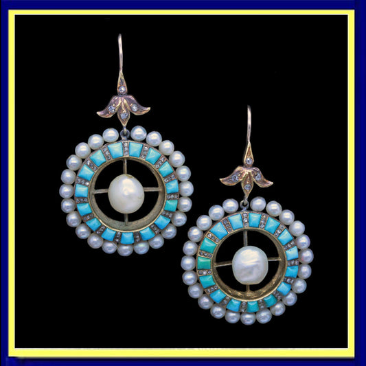 antique Victorian earrings gold turquoise pearls diamonds