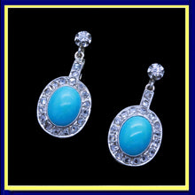 Antique Earrings Ear Pendants Turquoise Diamonds 14k White Gold c1930's (6699)