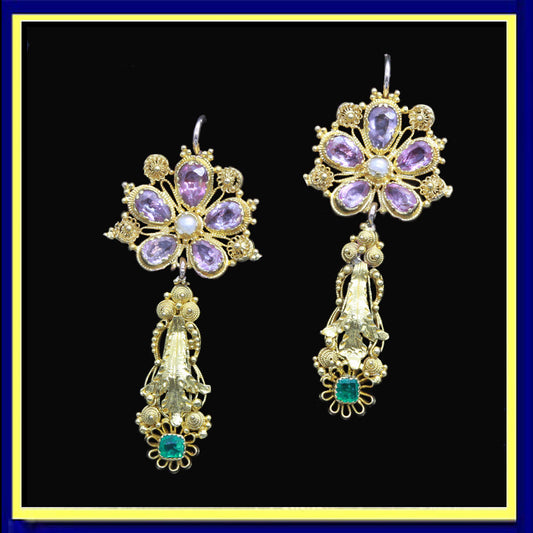 antique Georgian earrings gold emeralds amethysts pearls cannetille