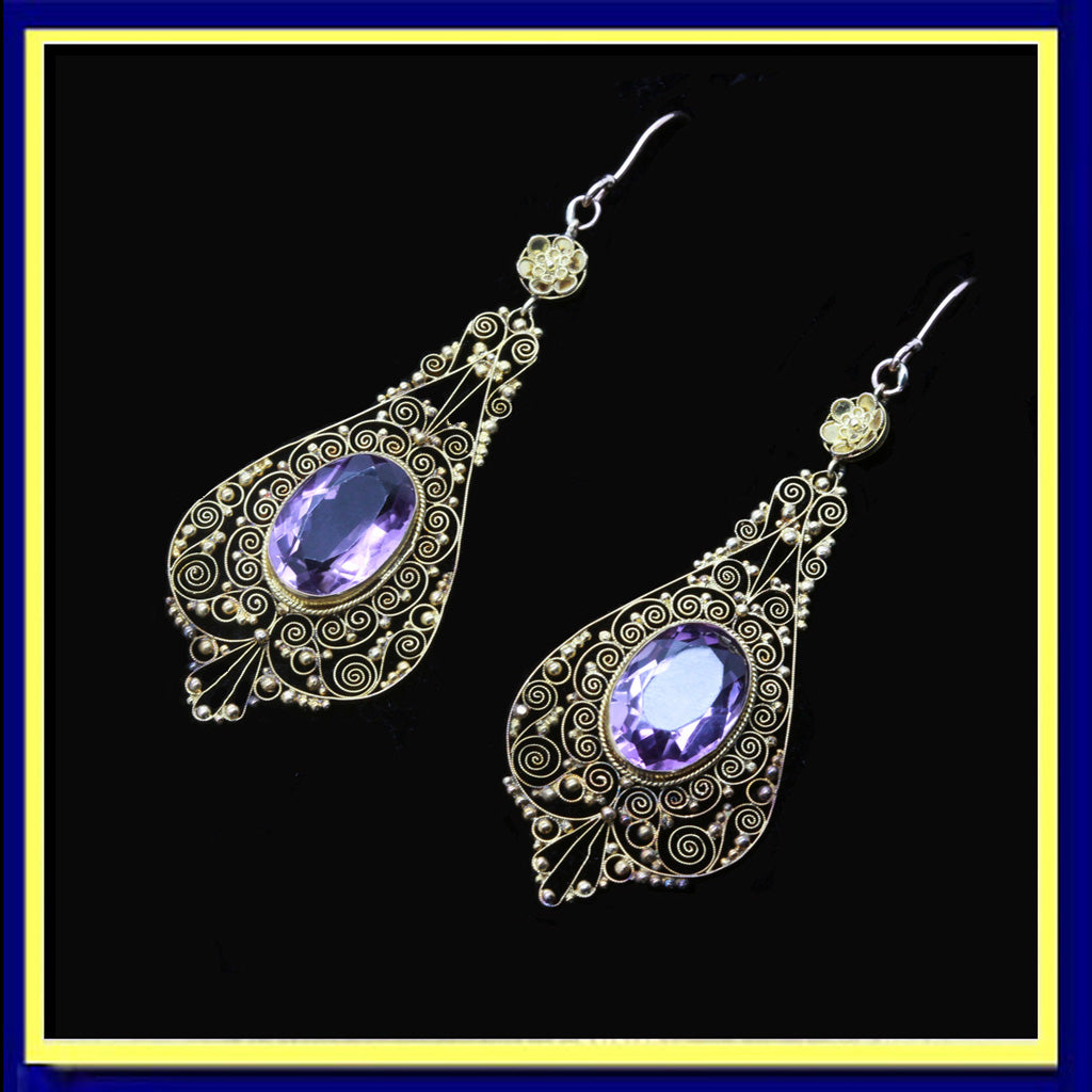 earrings antique Georgian gold cannetille amethyst long ear pendants