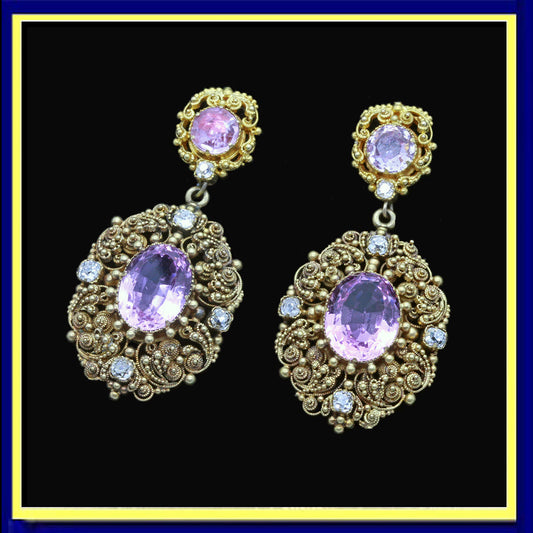antique Victorian earrings cannetille pink topaz diamonds gold
