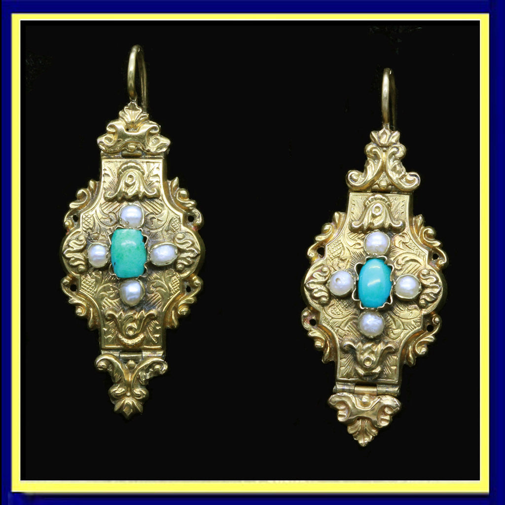 earrings antique Victorian gold turquoise pearls engraved ear pendants