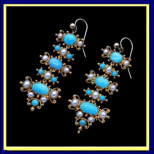 Antique Victorian earrings gold turquoise pearls cascading dangles