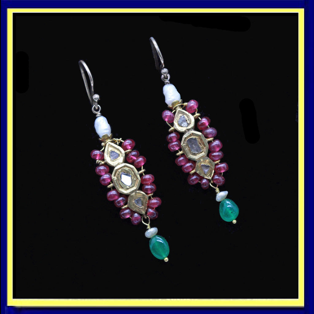 Mughal earrings antique gold diamonds emeralds rubies pearls