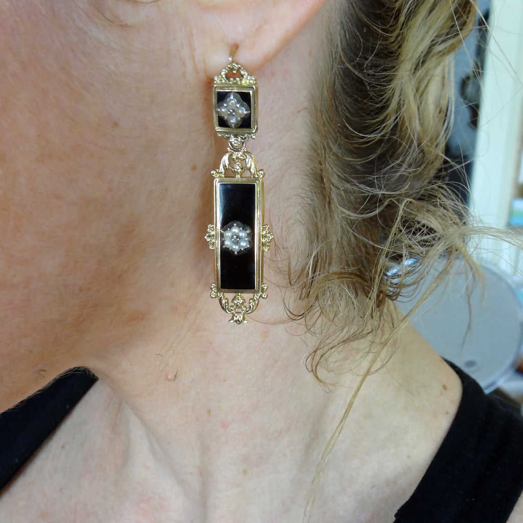 Antique Georgian Day Night Earrings 18k Gold Pearls Diamond Enamel Mourning(6089)