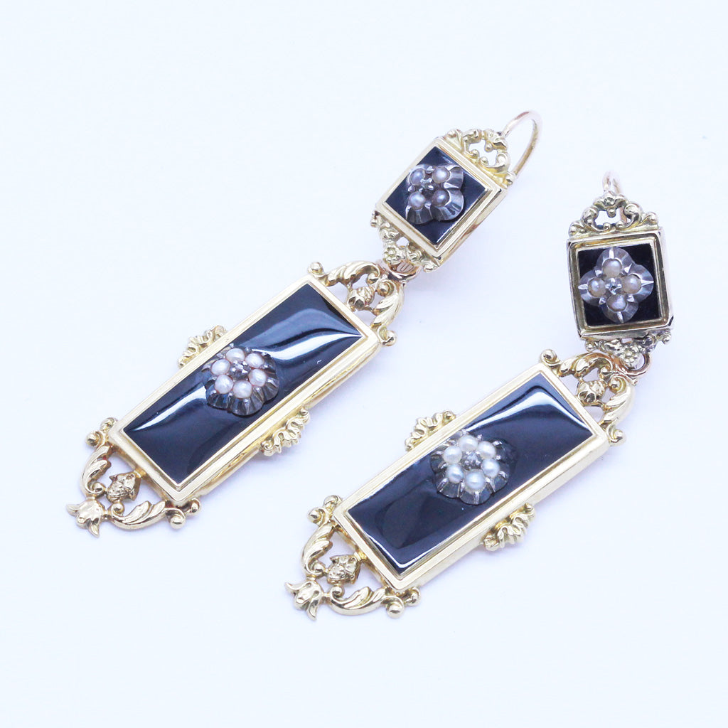 Antique Georgian Day Night Earrings 18k Gold Pearls Diamond Enamel Mourning(6089)