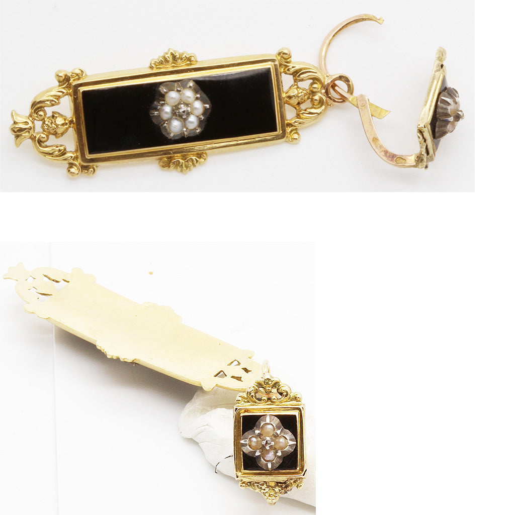 Antique Georgian Day Night Earrings 18k Gold Pearls Diamond Enamel Mourning(6089)