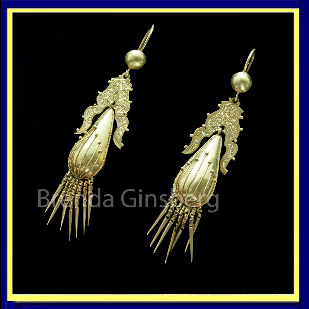 antique Victorian earrings gold engraving tassels filigree granulation