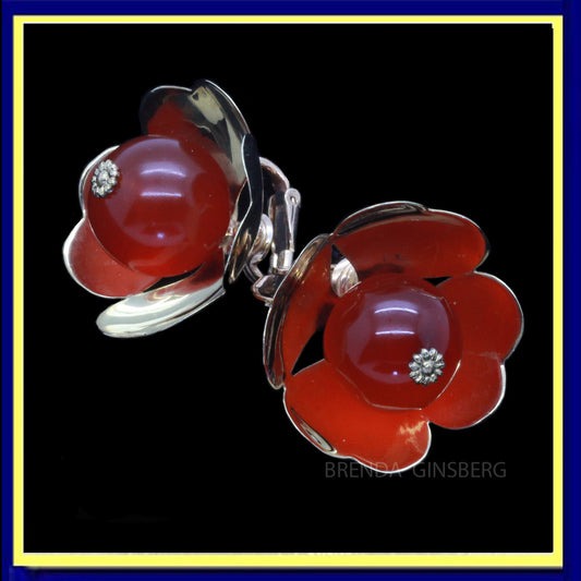 CARTIER Vintage Earrings Ear Clips Gold Carnelian Heart Flowers Modernist (7118)
