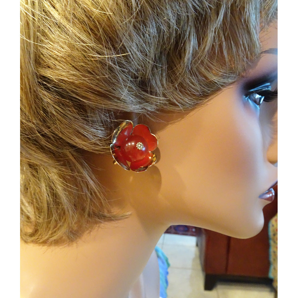 CARTIER Vintage Earrings Ear Clips Gold Carnelian Heart Flowers Modernist (7118)