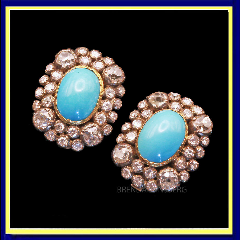 Antique Late Victorian Earrings Ear Clips Turquoise Diamonds 18k Gold (7169)