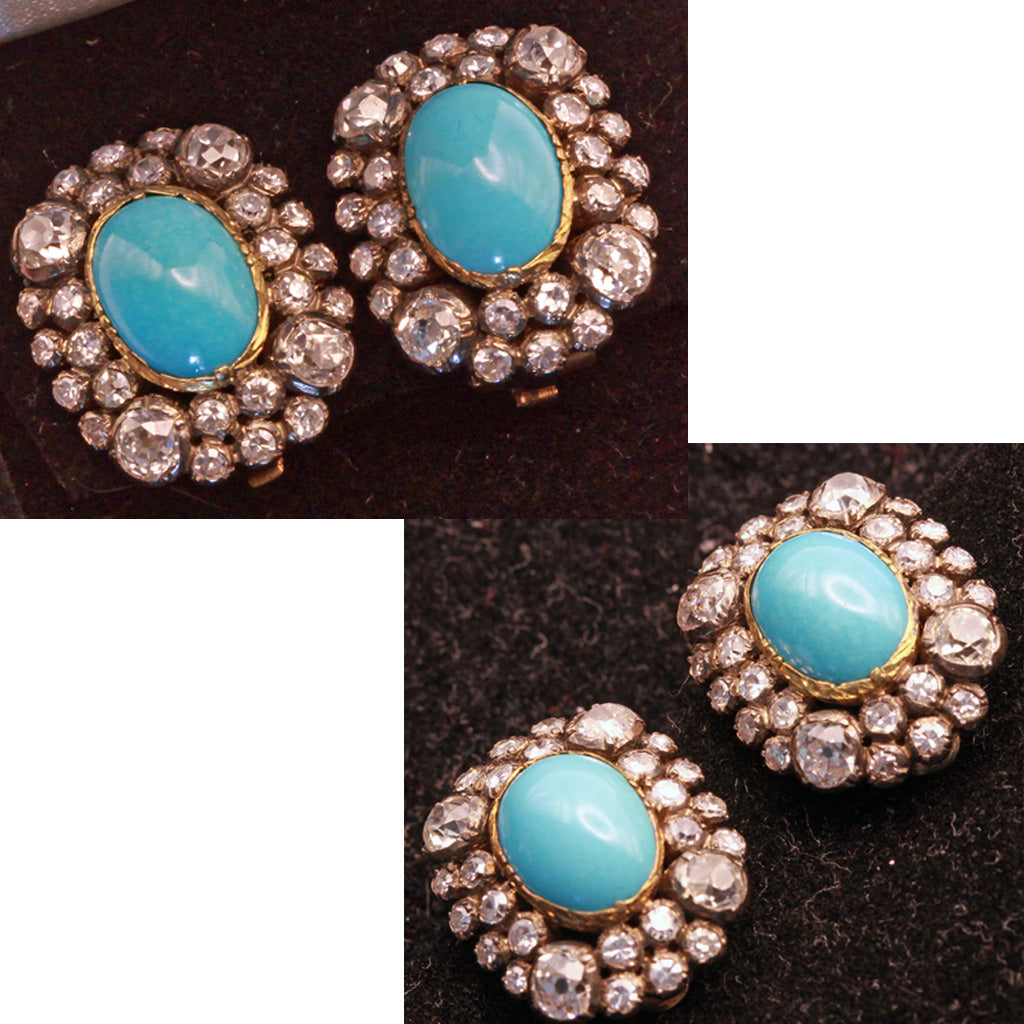 Antique Late Victorian Earrings Ear Clips Turquoise Diamonds 18k Gold (7169)