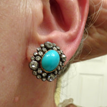 Antique Late Victorian Earrings Ear Clips Turquoise Diamonds 18k Gold (7169)