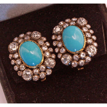 Antique Late Victorian Earrings Ear Clips Turquoise Diamonds 18k Gold (7169)