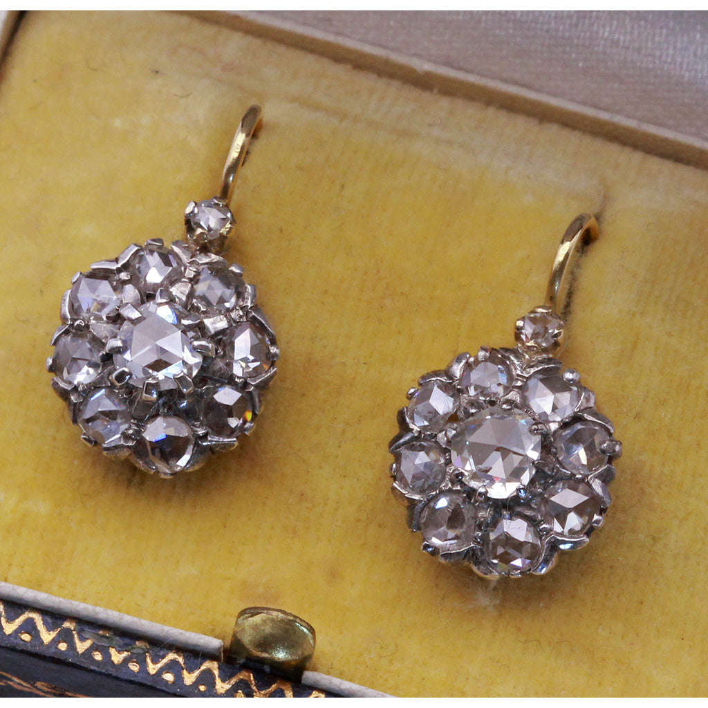 Antique Victorian Diamond Earrings 18k Yellow Gold, Silver, French (7174)
