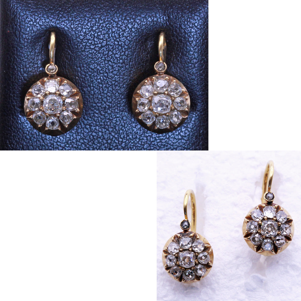 Antique Victorian earrings 18k Gold Diamonds French ear Pendants (7190)