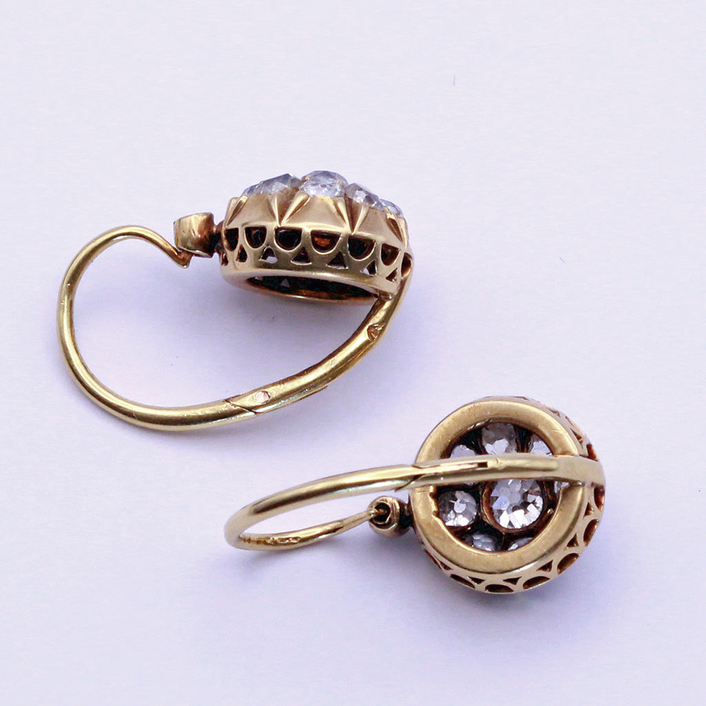 Antique Victorian earrings 18k Gold Diamonds French ear Pendants (7190)