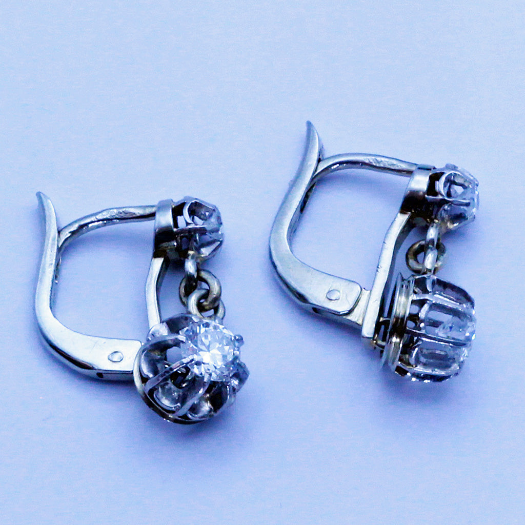 Antique French Dormeuse Earrings 18k white Gold and diamonds (7191)