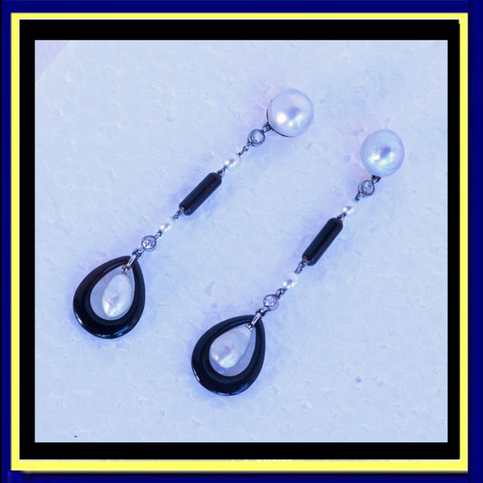 antique Art Deco earrings ear pendants pearls diamonds onyx gold French