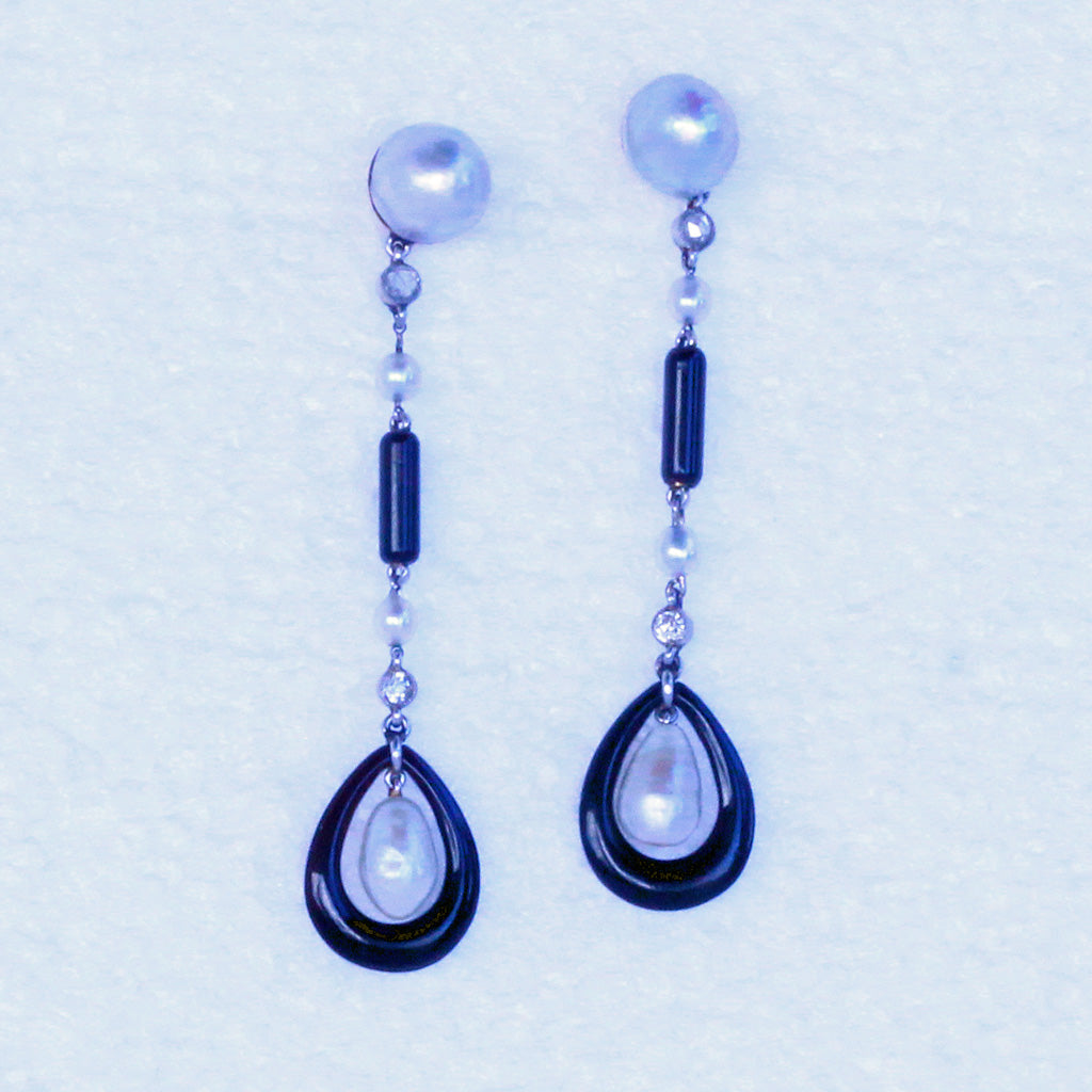 Antique Art Deco Earrings Ear Pendants Pearls Diamonds Onyx Gold French (7222)