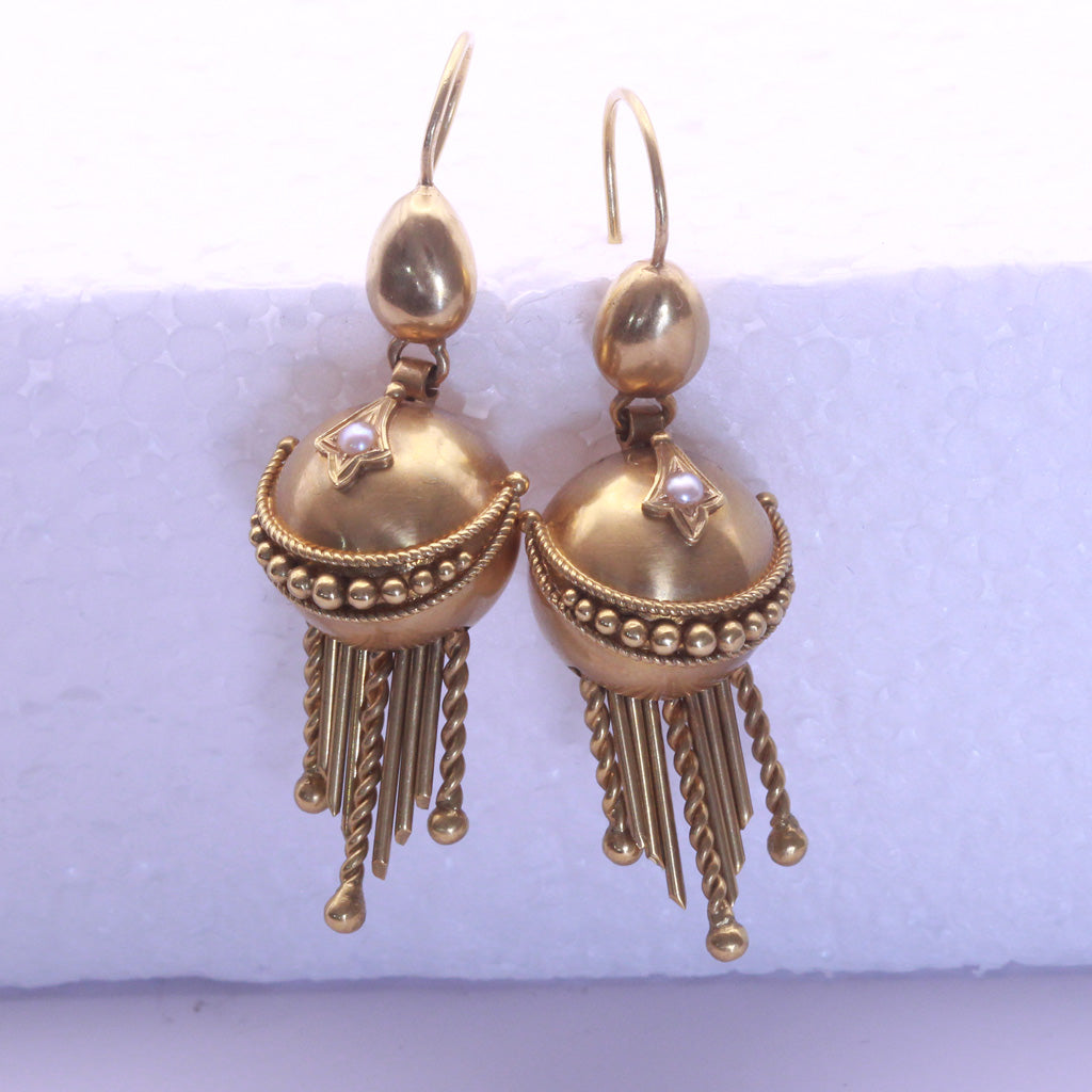 Antique Earrings Gold pearls Filigree Granulation Etruscan Classic Revival (7226)