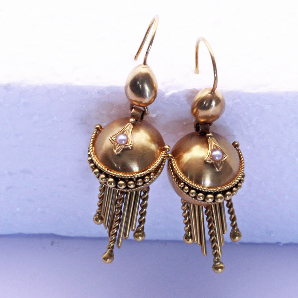 Antique Earrings Gold pearls Filigree Granulation Etruscan Classic Revival (7226)
