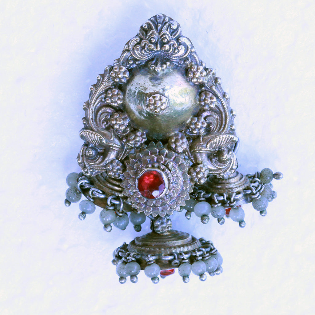 Antique Vintage earrings gold glass South India parrots lion masks jumkha (7244)