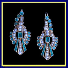 Antique vintage earrings gold emeralds pearls Long dangle ear pendants (7245)