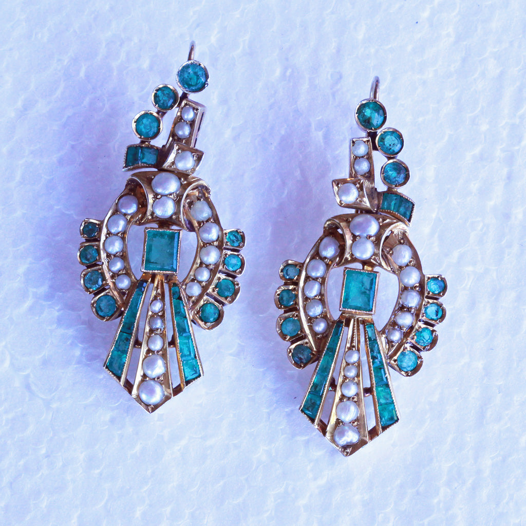 antique vintage earrings gold emeralds pearls long dangle ear pendants