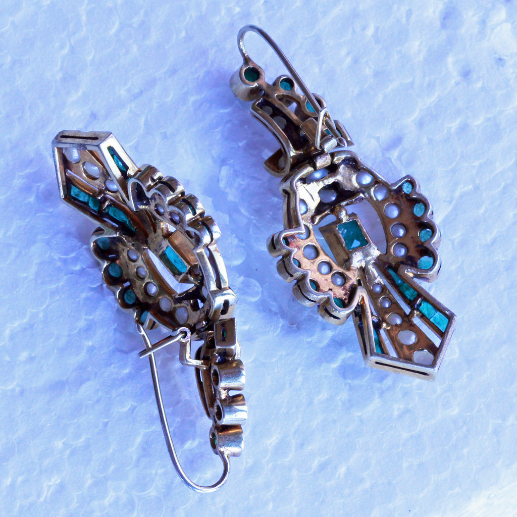 Antique vintage earrings gold emeralds pearls Long dangle ear pendants (7245)