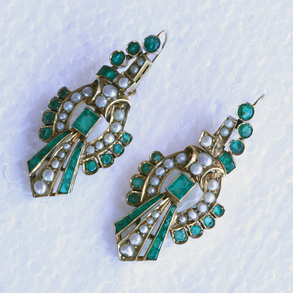 Antique vintage earrings gold emeralds pearls Long dangle ear pendants (7245)